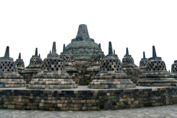 Borobudur Temple. The top terrace with the perforated stupas. Central Java, Indonesia. Transparent background.