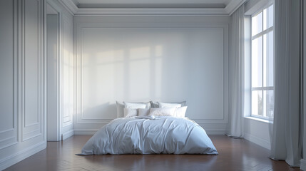 Minimalist bedroom with white bedding and morning light.