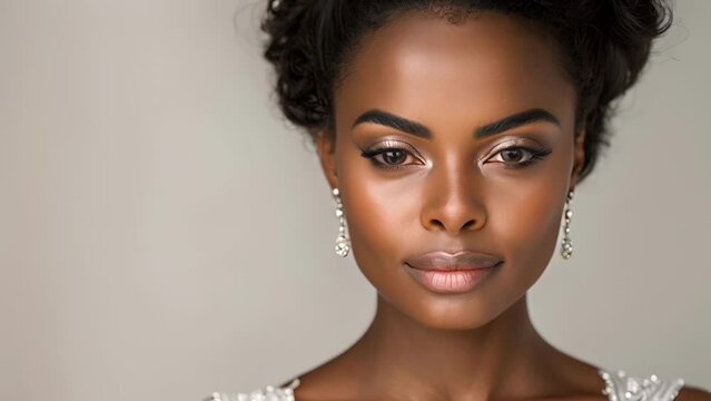 A closeup of a black woman with flawless skin and a fierce gaze her hair styled in a sleek updo and adorned with sparkling jewels. Dressed in a stunning white gown she embodies elegance .