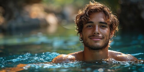 A wellness-oriented man, exuding relaxation and happiness, enjoys a swim in refreshing blue waters.