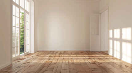 Bright sunlit empty room with hardwood floors