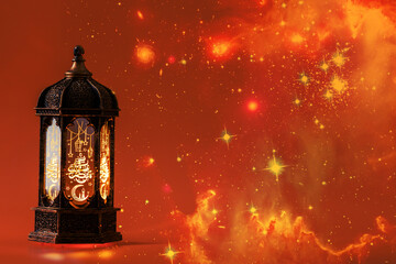 Eid al Adha, traditional Arabic lantern on the background of the star sky, Celebrating Eid, Arabian...
