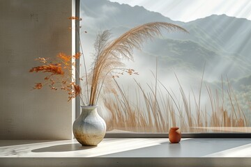 In a still life, a golden dried bouquet sits in a ceramic vase, complementing the view of the mountain landscape.