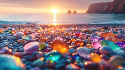 On a summer beach, colorful gemstones and multi-colored sea pebbles mingle with green and blue shiny, polished sea glass. The textured stones and glass sparkle on the seashore, creating a vivid