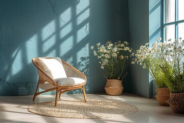 In a minimalist room, an elegant wicker chair complements a camomile pots, creating a cosy living space.