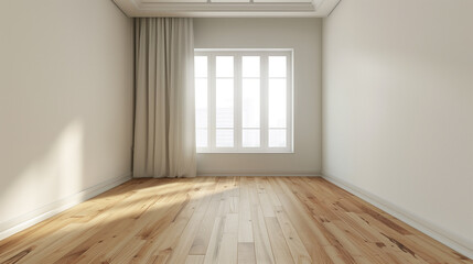 Empty room with hardwood floors and large window with curtains.