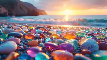 On a summer beach, colorful gemstones and multi-colored sea pebbles mingle with green and blue shiny, polished sea glass. The textured stones and glass sparkle on the seashore, creating a vivid