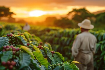In the agricultural heartlands, farmers tend to coffee bean plantations under the vibrant skies of sunrise and sunset.