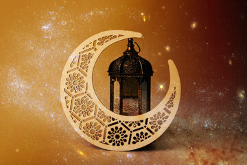 Eid al Adha, traditional Arabic lantern on the background of the star sky, Eid Mubarak celebration, Arabian nights, crescent moon,Element of the image provided by NASA