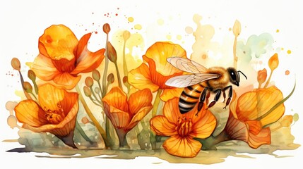 summer illustration of bee and honey combs and flowers in watercolor styles