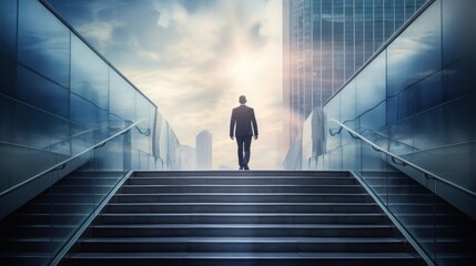 young businessman walking up the stairs in front of a modern office building. back view