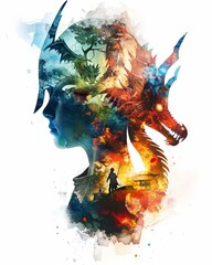 Watercolor illustration of a warrior knight boy in a fairy tale world 