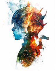 Watercolor illustration of a warrior knight boy in a fairy tale world 