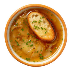 Onion soup, top view, transparent background