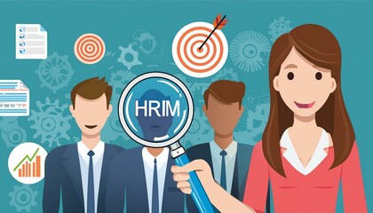 HRM or Human Resource Management, Magnifier glass focus to manager icon which is among staff icons for human development recruitment leadership and customer target. resume, interview
