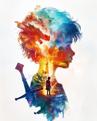 Watercolor illustration of a warrior knight boy in a fairy tale world 