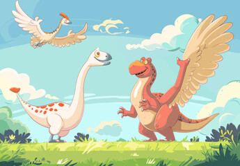 a cartoon of a dinosaur and a bird in a field