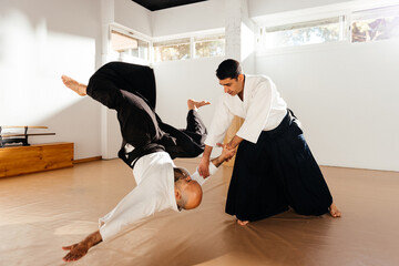 Martial Arts Practitioners Perfecting Technique During Indoor Training Session