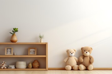 Interior of children room with wooden shelf and teddy bears. 3d render