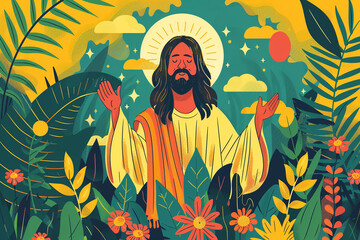Jesus Christ in the garden with flowers. Generative Ai