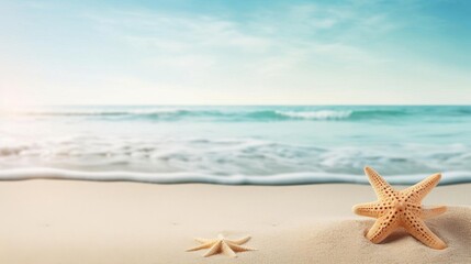 Fototapeta na wymiar A serene beach background with soft sand texture, featuring a starfish prominently in the foreground, ample copy space on the side for text