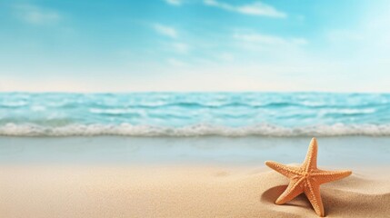 A serene beach background with soft sand texture, featuring a starfish prominently in the foreground, ample copy space on the side for text