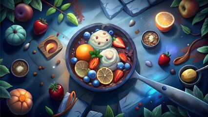 illustration of wooden pan with vanilla ice cream and fruits ( strawberry ,raspberries ,mint leaves and blackberry ) in dark, top view.