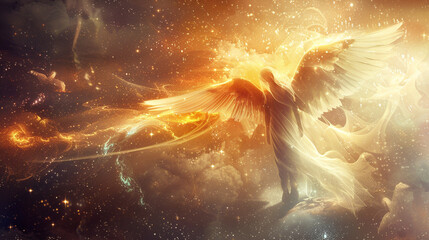 An angelic messenger delivering tidings of hope and joy, with a radiant aura illuminating their path.