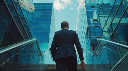 Fototapeta premium young businessman walking up the stairs in front of a modern office building. back view