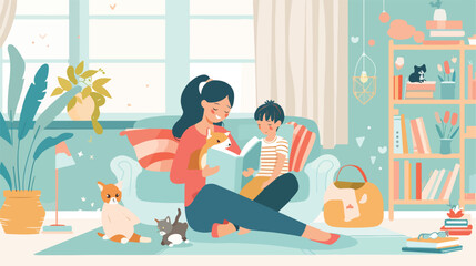 Stay home concept. Mother with kids reading a book. style