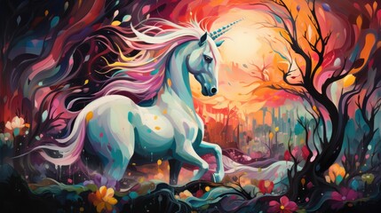 a graphics unicorn watercolor diamond painting art in beauty background, AI Generative