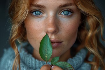 Close-up of a woman with blue eyes and freckles holding a green leaf, focus on the eyes and leaf