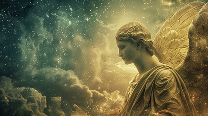 Obraz premium A celestial angel gazing down upon the earth with compassion and empathy, witnessing the joys and sorrows of humanity.