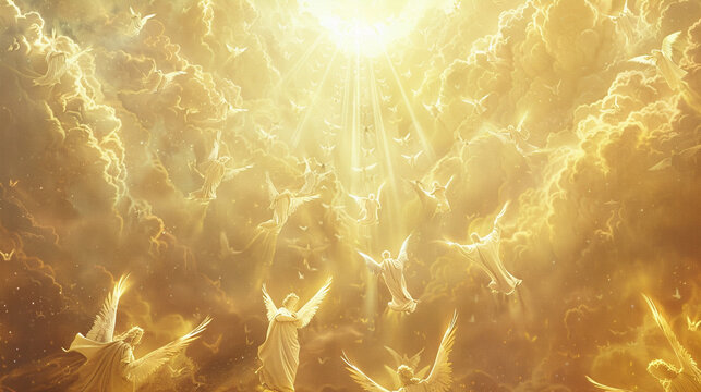 A heavenly host of angels descending from the heavens in a glorious procession, heralding the arrival of divine grace.