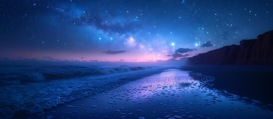 The coastline stretches out, kissed by the evening tide, as stars begin to emerge in the velvety night sky.  - obrazy, fototapety, plakaty