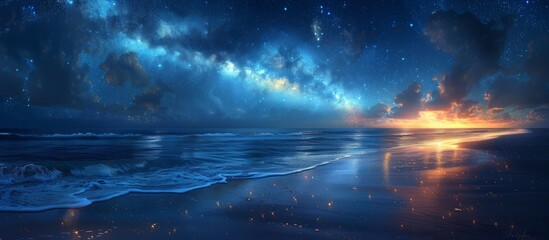 The coastline stretches out, kissed by the evening tide, as stars begin to emerge in the velvety night sky. - - obrazy, fototapety, plakaty