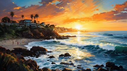 Vibrant Ink Oil Painting, small seaside town with a fountain, trees, beach, waves, white water, ocean, sunset, clouds, hyper detailed, cinematic lighting, long shadows, saturated contrast