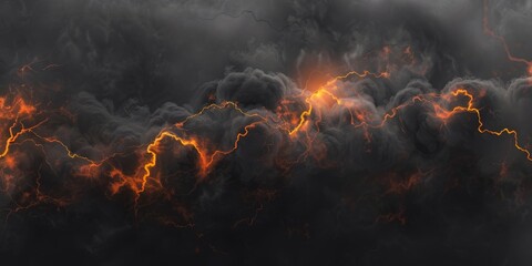 Dramatic black clouds, smoke and lightning for pattern background. A burning sky in a horror movie. Crimson storm in apocalyptic, judgment day. High quality photo