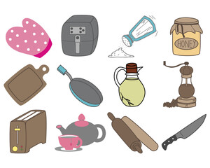 Hand drawn of kitchen doodle set and color design. Vector illustration on white background.