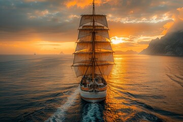 Majestic sailing ship cruises on the ocean against a vibrant sunset sky, reflecting the romance of the sea