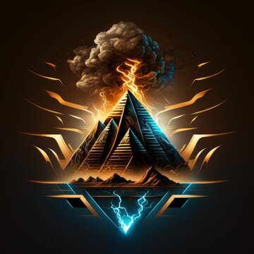 A dramatic digital artwork depicting the power of the Egyptian pyramids. Lightning strikes amidst a stormy sky above the desert landscape, highlighting the ancient structures.