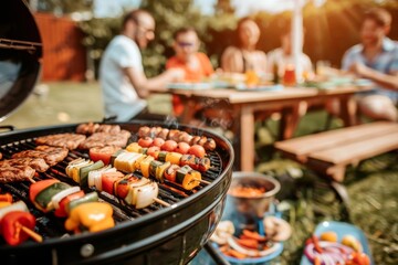 Backyard Barbecue Party with Friends Grilling Various Foods on a Sunny Day - Social Gathering, Summer Entertainment, Outdoor Cooking
