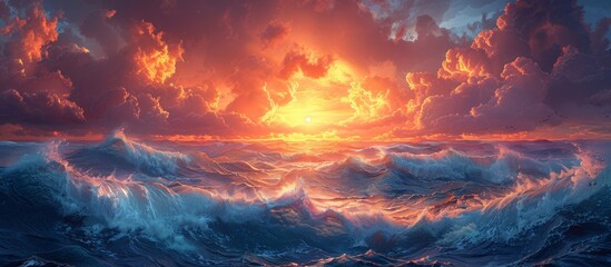 Fototapeta premium The sky transitions from shades of coral to indigo, a breathtaking canvas above the sea. 