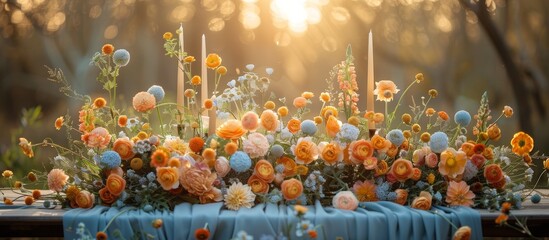 The table is decorated with a profusion of wildflowers, their colors mirroring the sunset's fading brilliance. 