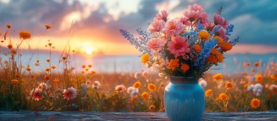 The table is decorated with a profusion of wildflowers, their colors mirroring the sunset's fading brilliance.