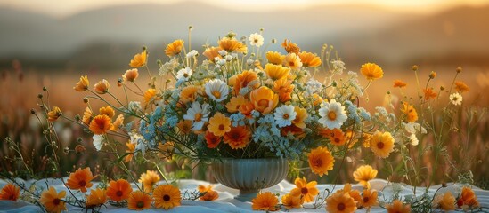 The table is decorated with a profusion of wildflowers, their colors mirroring the sunset's fading brilliance. 