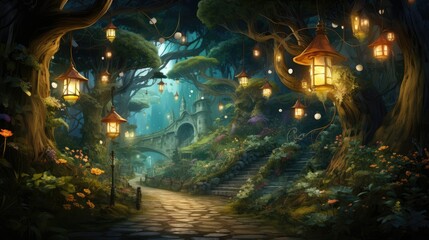 a illustration wide winding path through lush enchanted forest, with tree canopy, magical fairytale lanterns, AI Generative