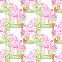 Hand drawn watercolor pink sweet spring house seamless pattern isolated on white background. Can be used for textile, scrapbook and other printed products.