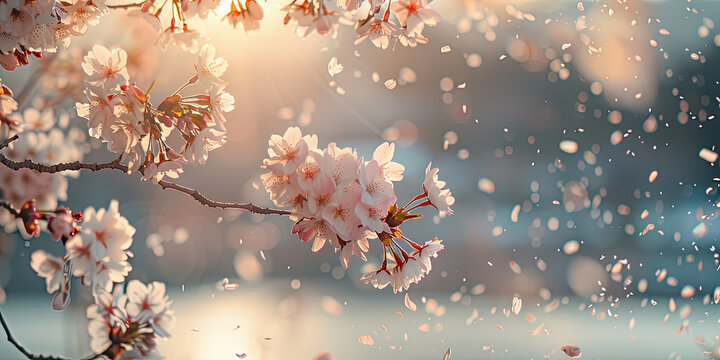 Cherry blossom branch in full bloom with petals in the air, warm sunlight backlighting delicate pink flowers against soft focus background. Floral sakura background. Ai generation.