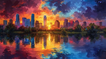 Vibrant colors merge city skyscrapers with Texan prairie life, a lively abstraction of contrasting environments. 